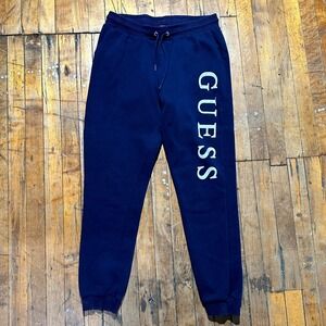 Guess Mens Medium Navy Joggers Pants Fleece Graphic Logo Tapered Leg Drawstring
